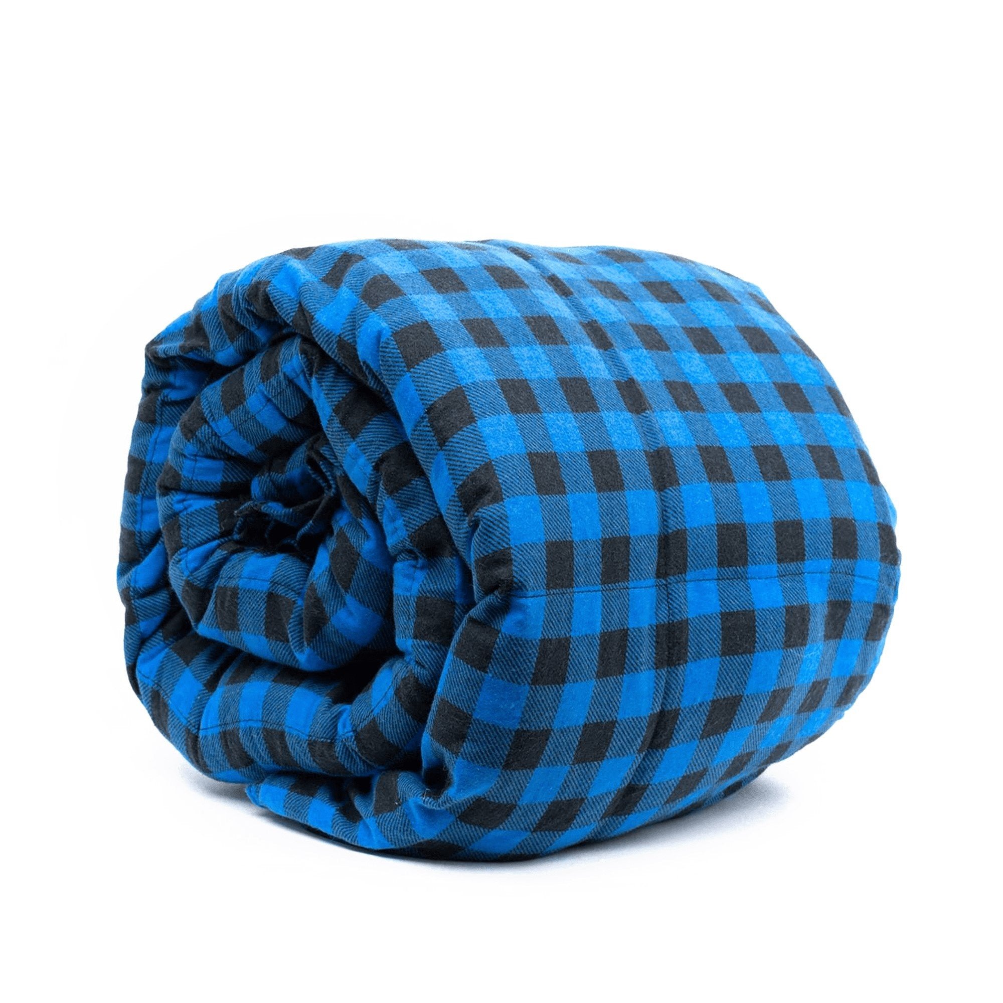 Big Blue Plaid Flannel Weighted Blanket Rolled Side View