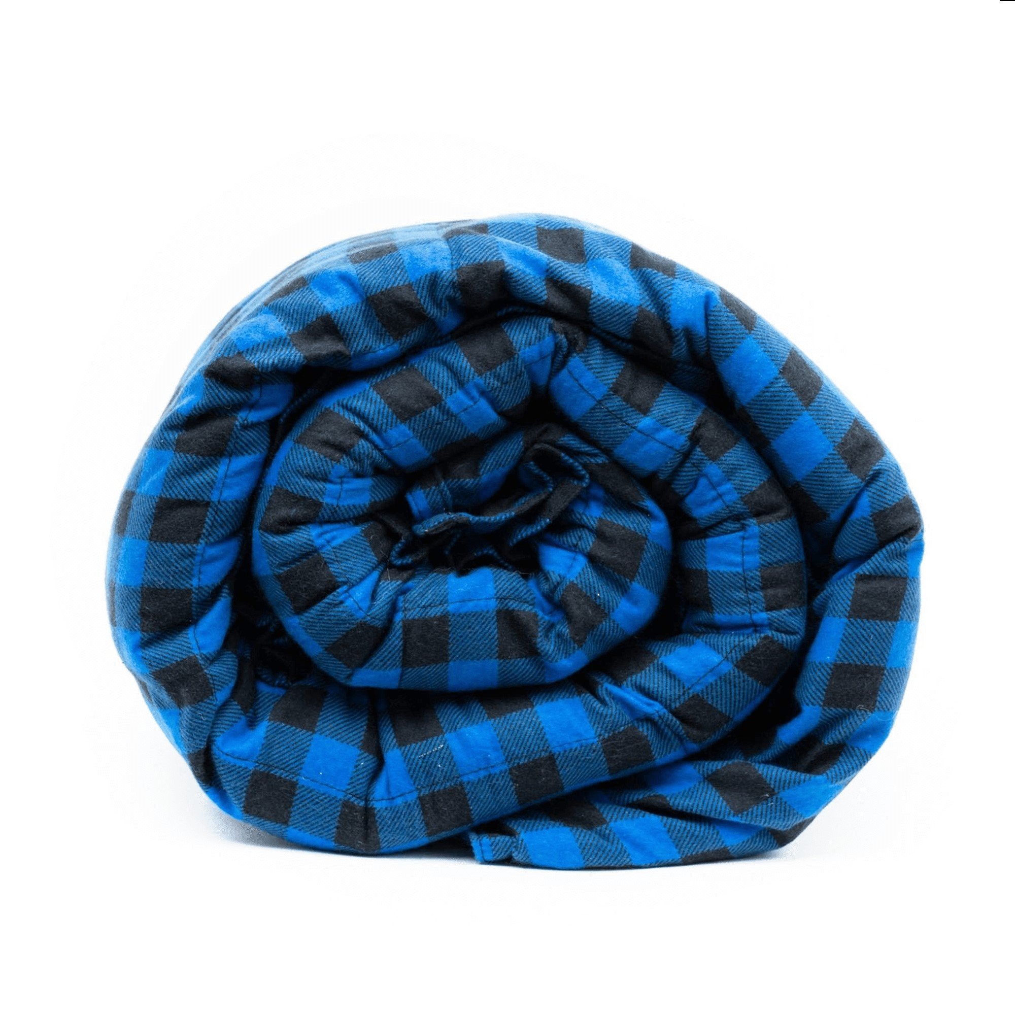 Big Blue Plaid Flannel Weighted Blanket Rolled Side View