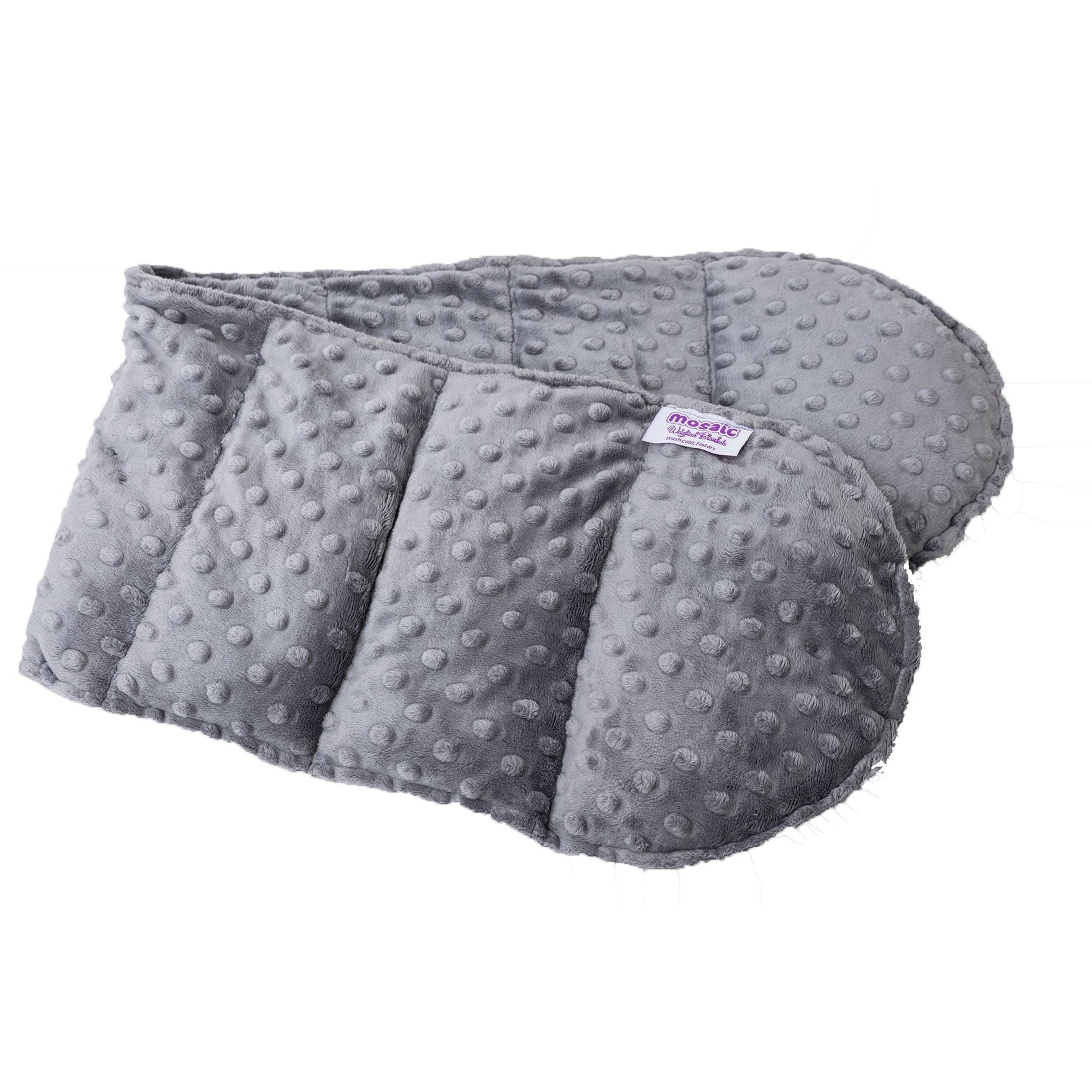 Woman wears her Mosaic Weighted Blankets Gray Minky Weighted Shoulder Wrap